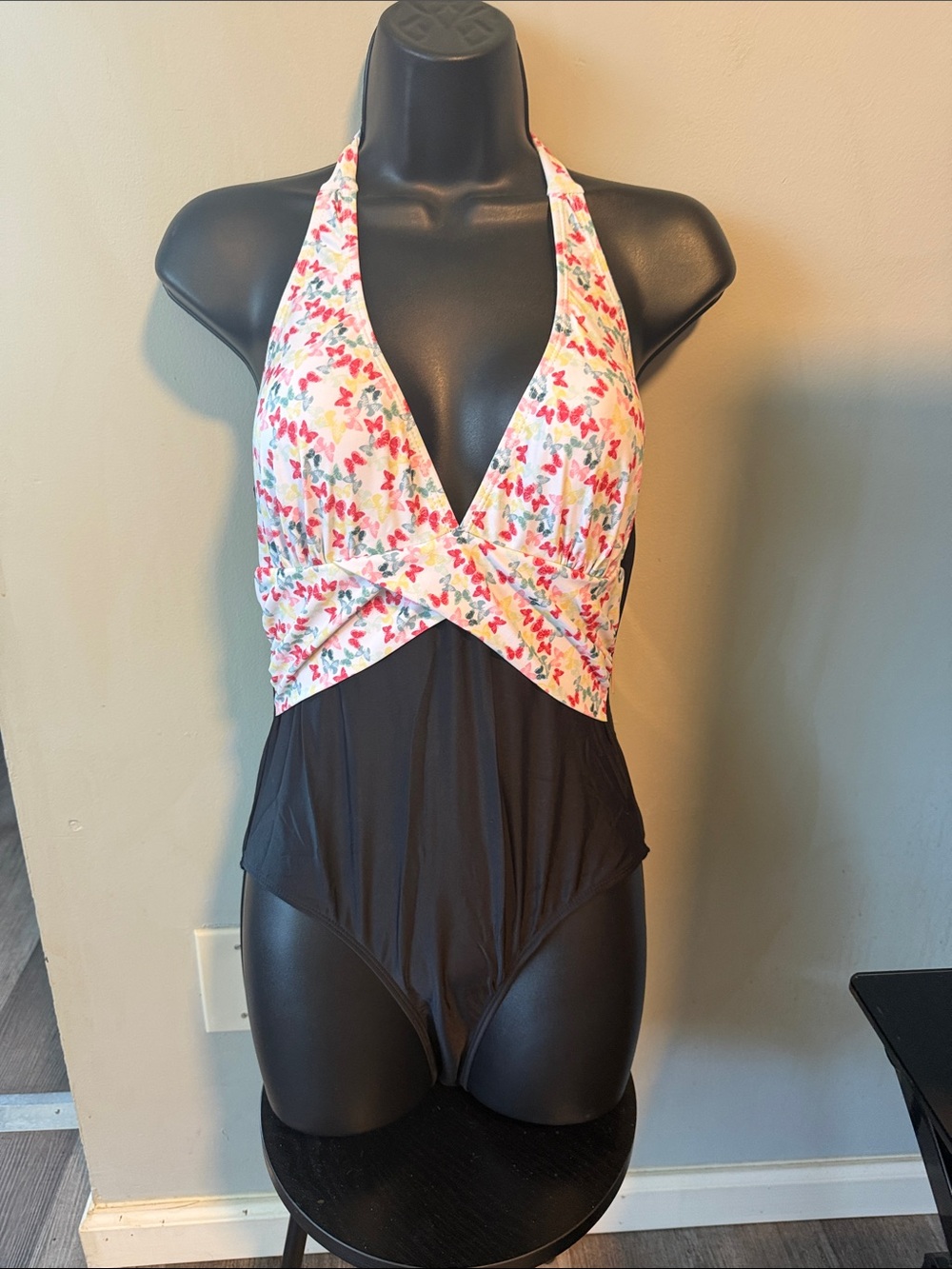 Ladies Black One-Piece Swimsuit with Pink Butterfly Print Top!